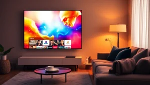 Experience diverse channels with IPTV Suisse on a state-of-the-art smart TV in a stylish living room setting.