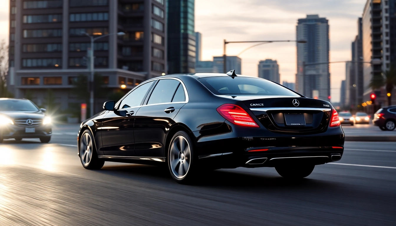 Experience cheap private car service Vancouver with a luxurious black sedan driving through the city.