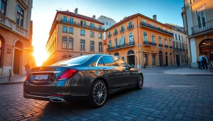 Experience affordable and luxurious cheap car rental with driver Lisbon, showcasing a sleek vehicle in a picturesque setting.