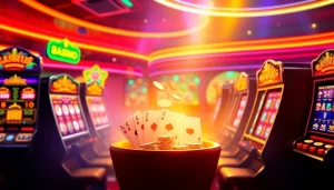 Engaging online casino game with vibrant graphics featuring dynamic slot machines and playing cards.