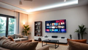 Experience premium IPTV Suisse services streaming on a sleek TV in a stylish living room.