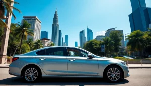 Experience cheap car rental with driver Kuala Lumpur, showcasing luxurious transport near city landmarks.