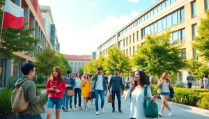 Students engaging in Polonya'da Üniversite Eğitimi at a picturesque Polish university campus with vibrant architecture.