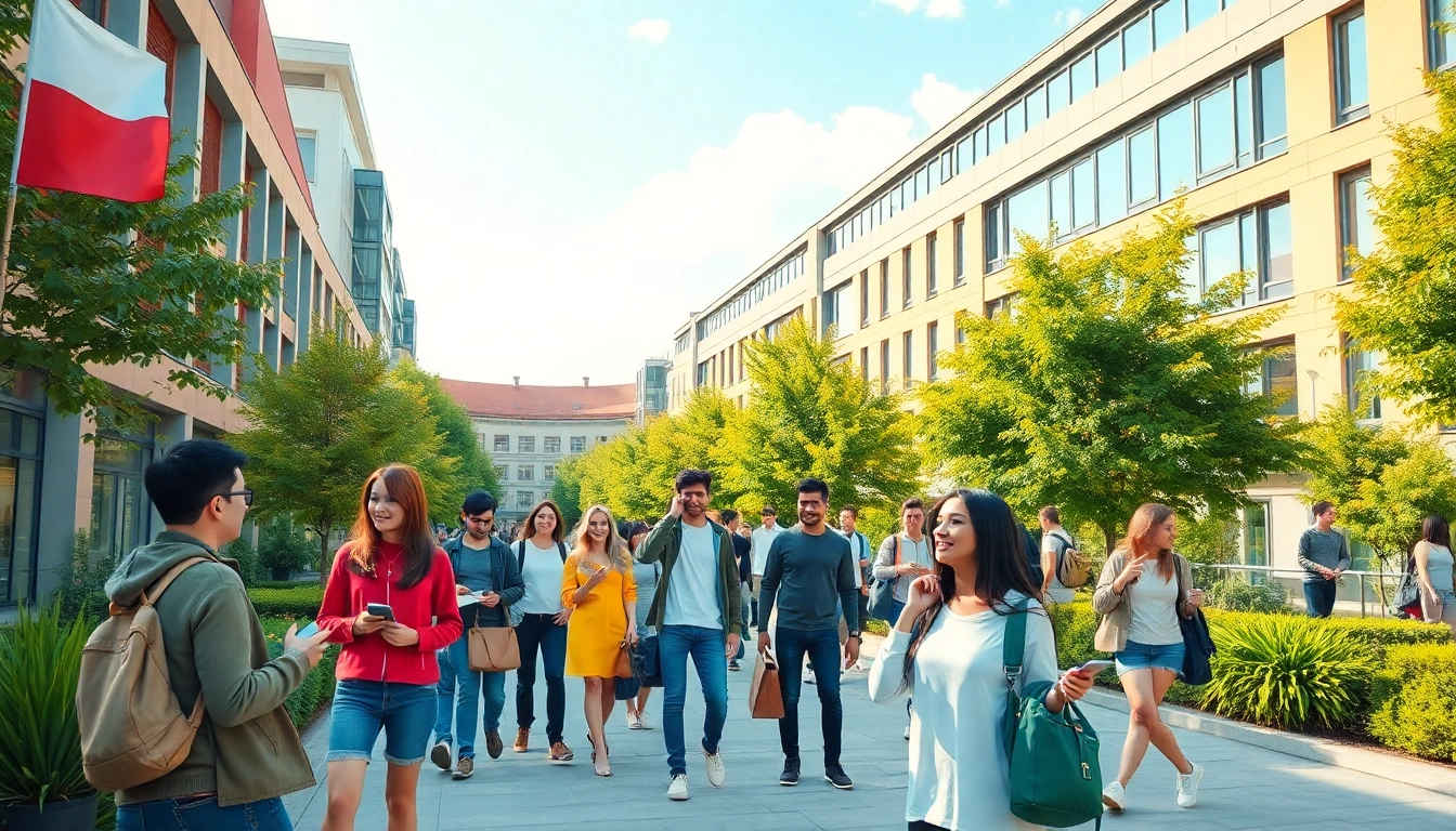 Students engaging in Polonya'da Üniversite Eğitimi at a picturesque Polish university campus with vibrant architecture.