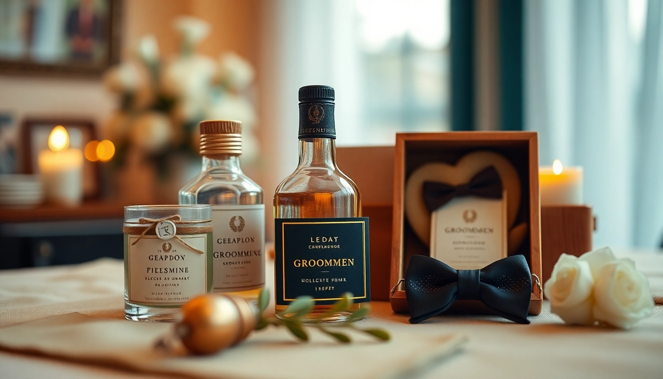 Showcase of cheap groomsmen gifts including personalized items and wedding symbols.