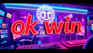 Engage with the "ok win" slogan in a vibrant online gaming graphic showcasing dynamic elements.