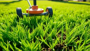 Core aeration in action, featuring a lawn aerator pulling soil plugs from a vibrant green lawn.