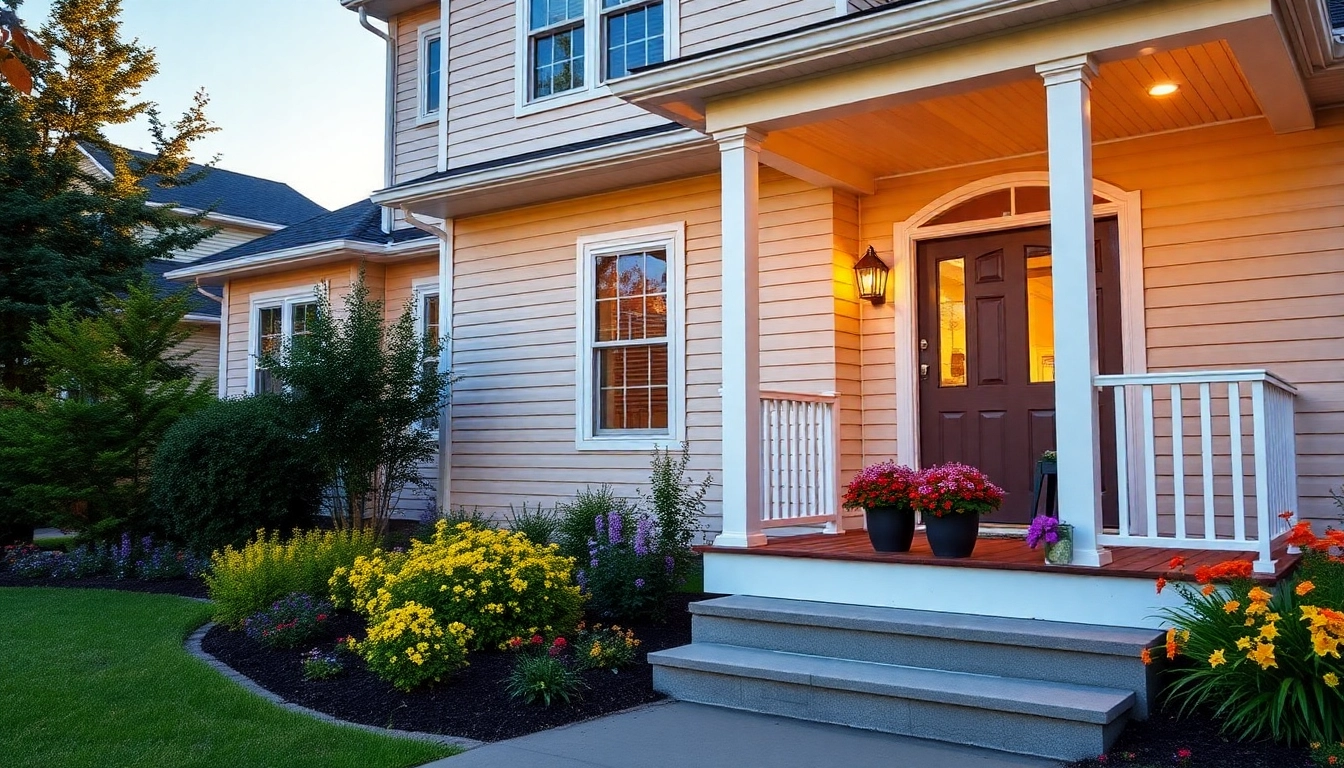 Modern home exterior renovations showcasing new siding, porch, and vibrant landscaping for enhanced curb appeal.