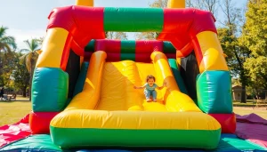 Kids enjoying fun on a vibrant slide rental in a sunny park setting.