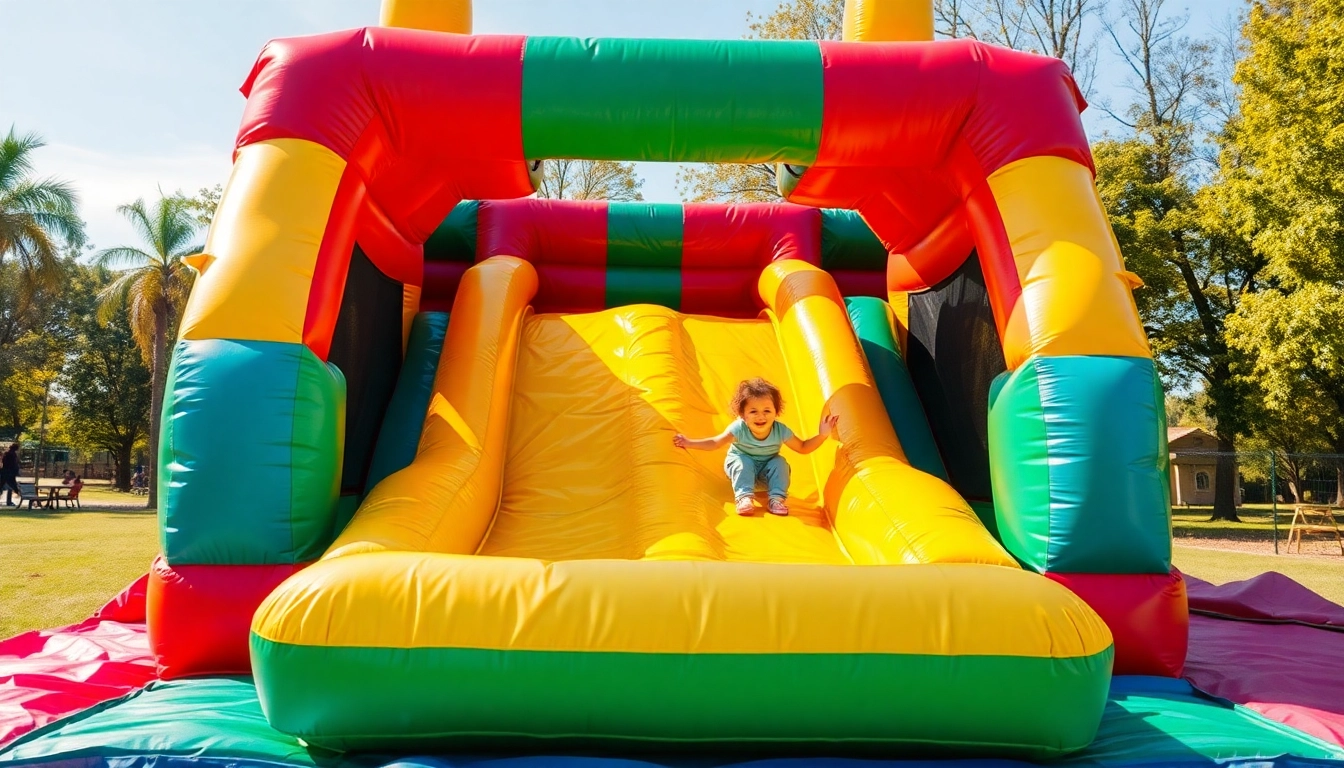 Kids enjoying fun on a vibrant slide rental in a sunny park setting.