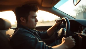 Addressing the fear of driving by showcasing a nervous driver gripping the wheel tightly.