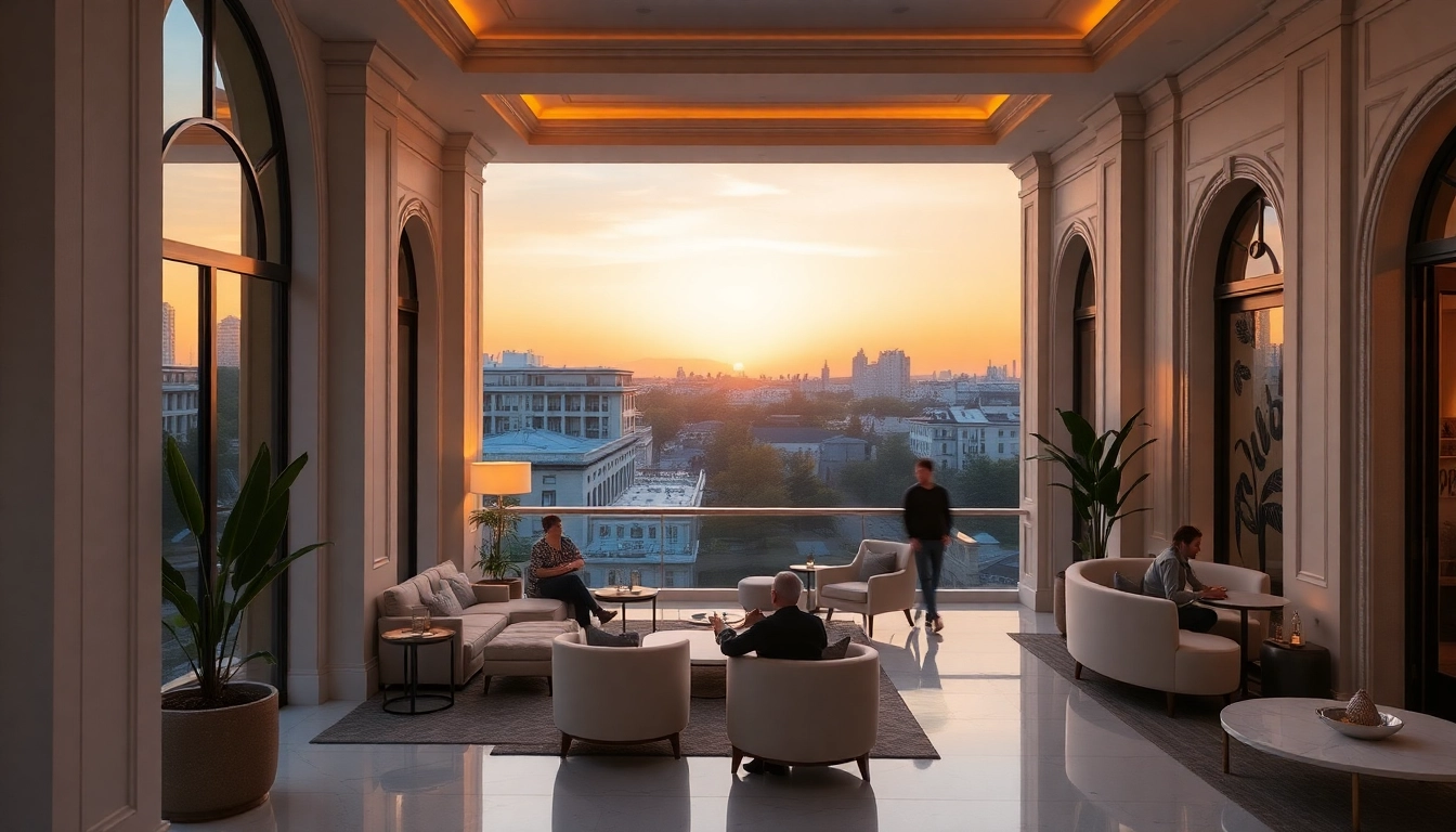 Experience the elegance of Bloomsbury Residences with guests enjoying the beautifully designed space at sunset.