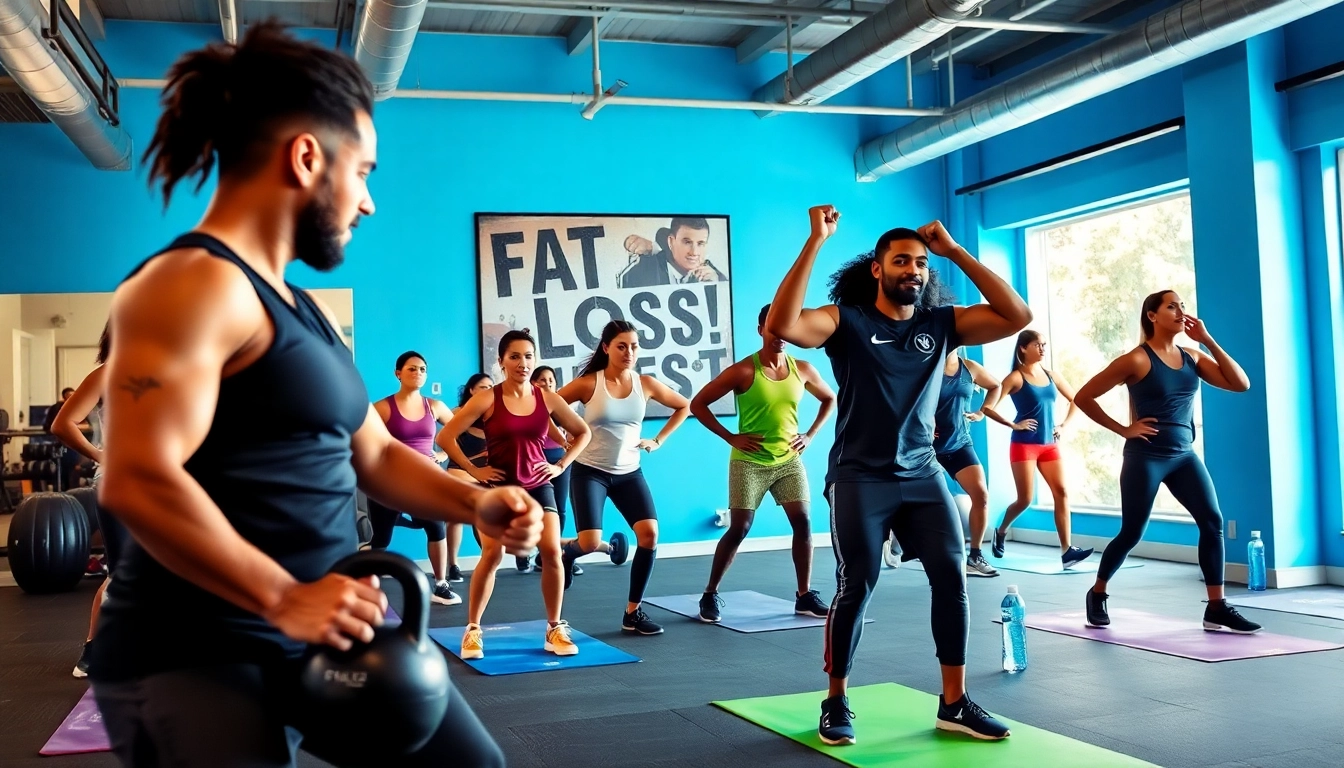 Engage in Fat Loss Training with diverse individuals exercising energetically in a bright fitness studio.