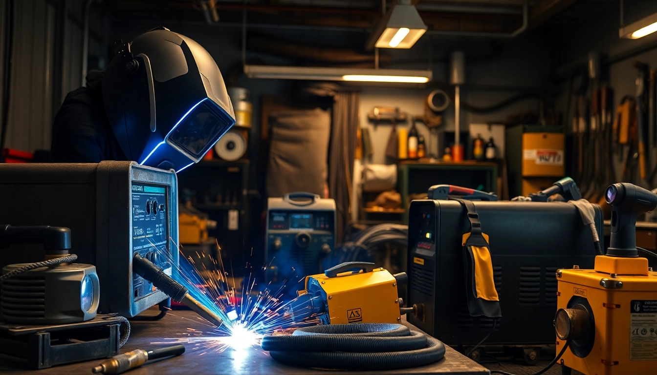 Examine a diverse array of welding supplies, including helmets and machines, in an active workshop.