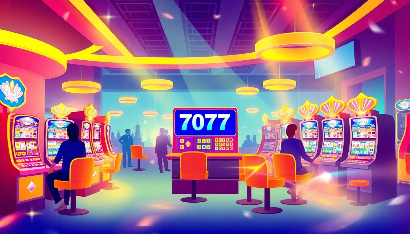 Engage with สล็อต777 slot machine in a lively online casino setting filled with vibrant lights and players.