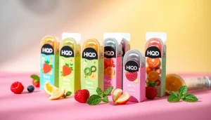 Showcase of Hqd Pods featuring a colorful assortment of flavors in a sleek design on a vibrant background.