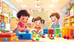 Children engaged in learning through play with diverse educational toys in a vibrant classroom setting featuring Here elements.