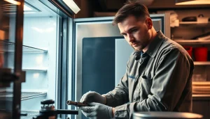 Technician performing walk in freezer repair in a commercial kitchen, ensuring optimal operation.