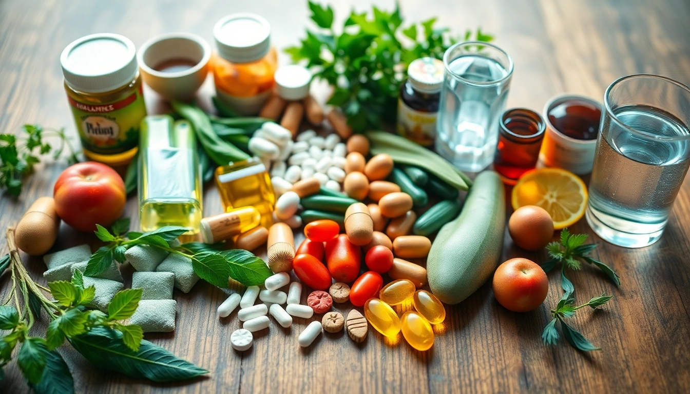 Showcase of various dietary supplements in vibrant colors on a wooden table, promoting health.