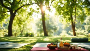 Engage with healthlifeherald through a vibrant outdoor yoga session surrounded by healthy foods and nature.