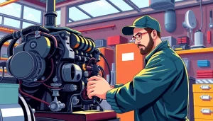 Experienced diesel mechanics near me diagnosing and repairing diesel engines with specialized tools.