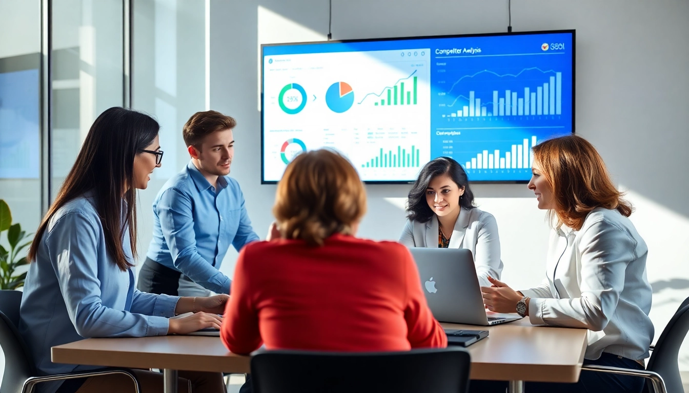 Team conducting a competitor analysis meeting with charts and laptops for strategic insights.