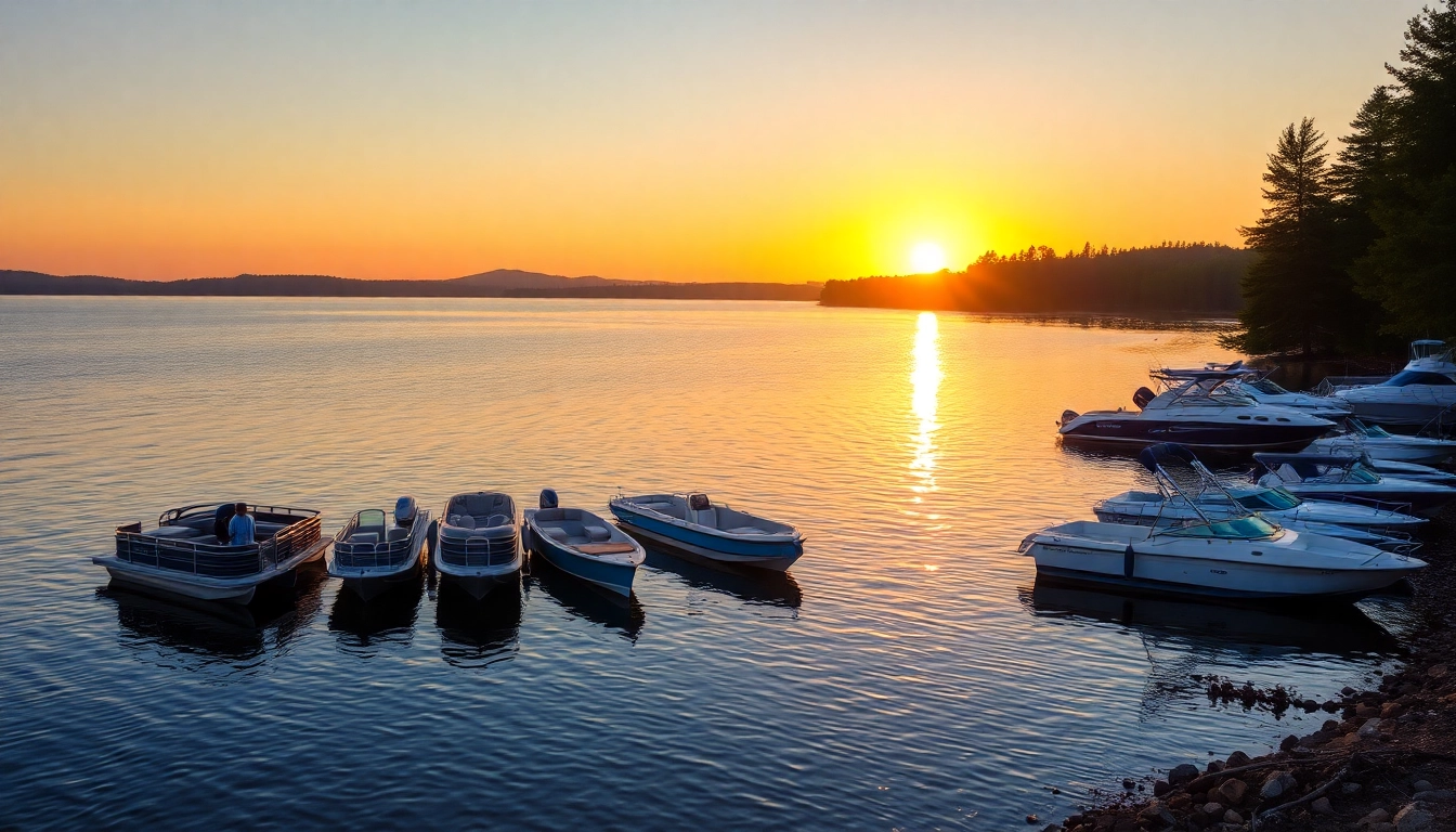 Various lake boats including pontoons and fishing boats lined along a tranquil lakeshore