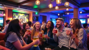 Engaged attendees enjoying an After Work Party, surrounded by colorful lights and laughter in a modern venue.