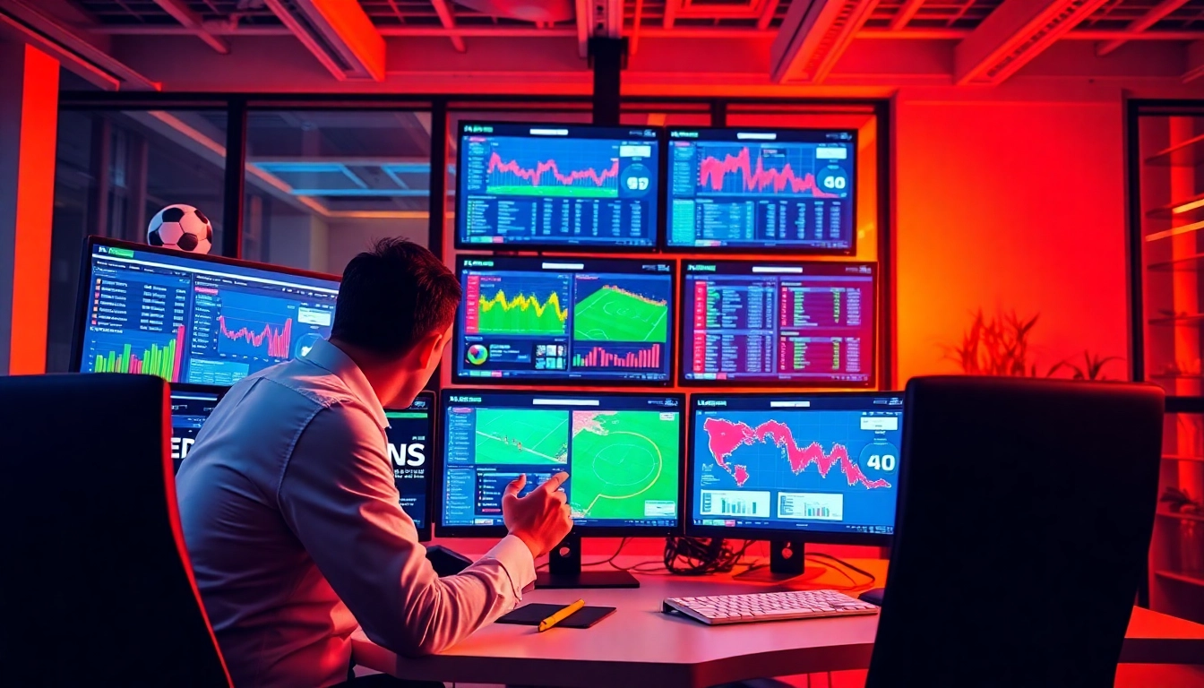 วิเคราะห์บอล in a vibrant office setting, showcasing an analyst reviewing football statistics with screens.