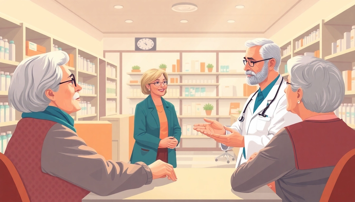 Supportive pharmacist assisting clients at a Long Term Care Pharmacy, highlighting personalized service.