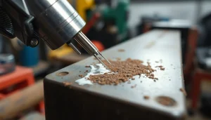 Precision operation of a needle gun restoring a metal surface by effectively removing rust and paint.