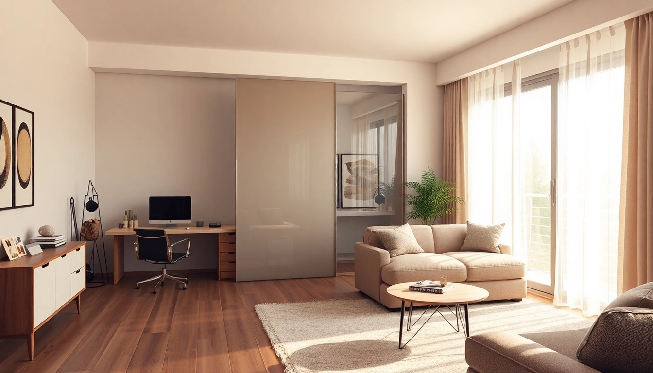 Showcasing a stylish sliding partition wall that effectively divides a modern living space into a functional office and cozy lounge.