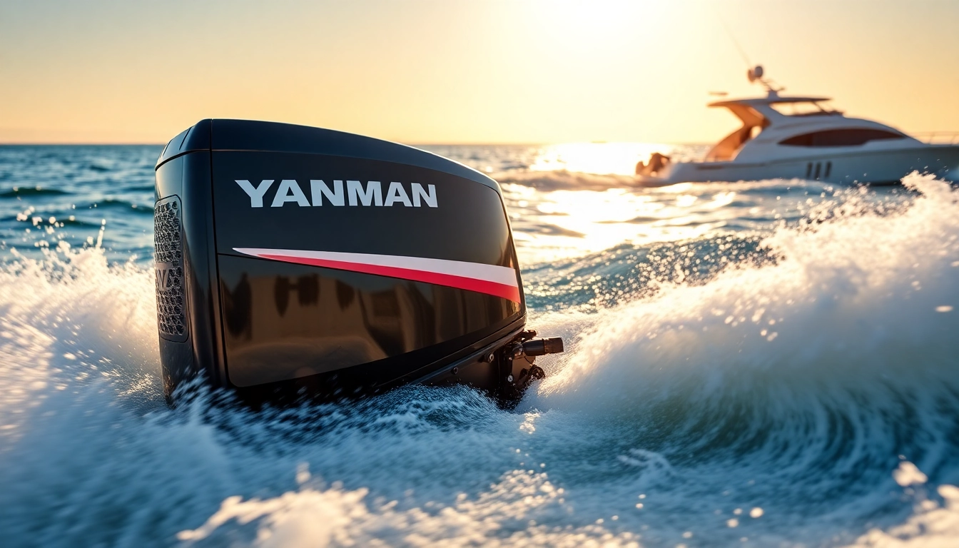 Showcasing YANMAR 6LF530 INBOARD DIESEL ENGINE SALE! with a sleek design against the backdrop of powerful ocean waves.