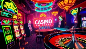 Engage with exciting online casinos showcasing colorful slot machines and classic table games in a lively setting.
