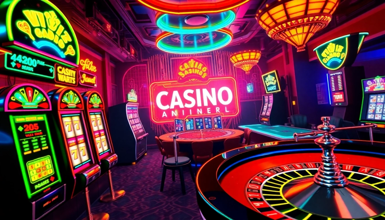 Engage with exciting online casinos showcasing colorful slot machines and classic table games in a lively setting.