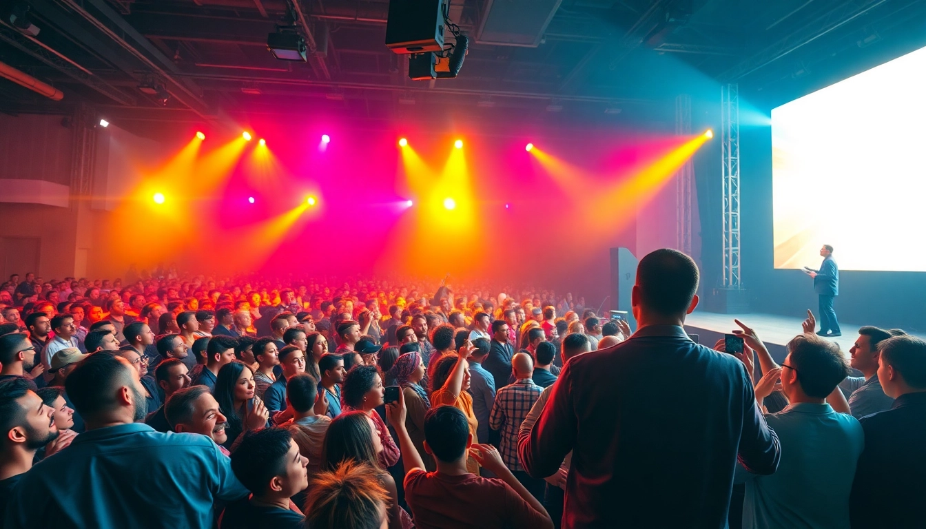 Live Stream Audience captivated by a performer on stage with bright lights and diverse reactions.