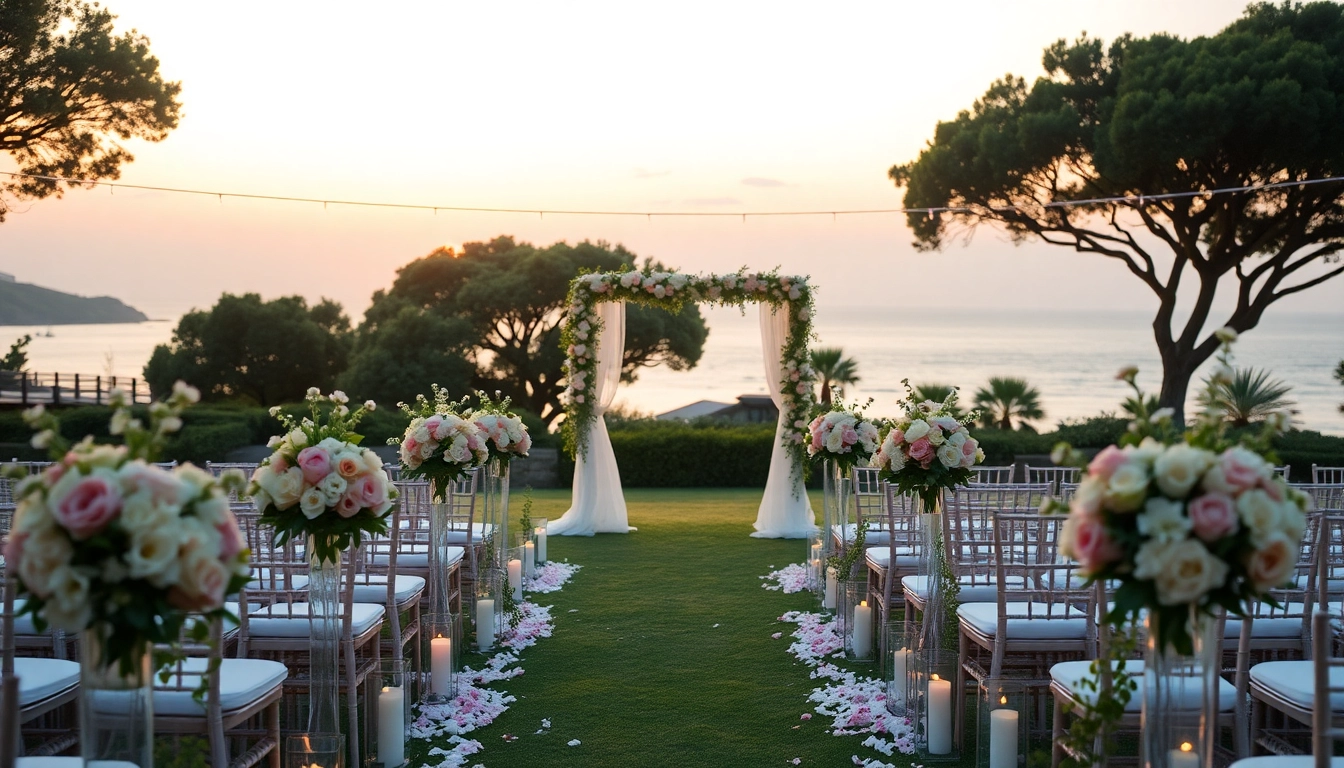 Charming wedding venue offering an enchanting outdoor ceremony space with floral decorations.
