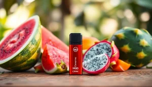 Hqd Cirak Vape Pod umgeben von frischen Früchten auf einem Holztisch.
