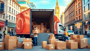 Efficient moving companies in London loading a moving truck in a vibrant city setting.