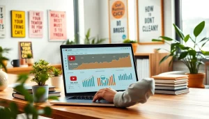 Buy YouTube views strategy assessment with analytics dashboard on a laptop.