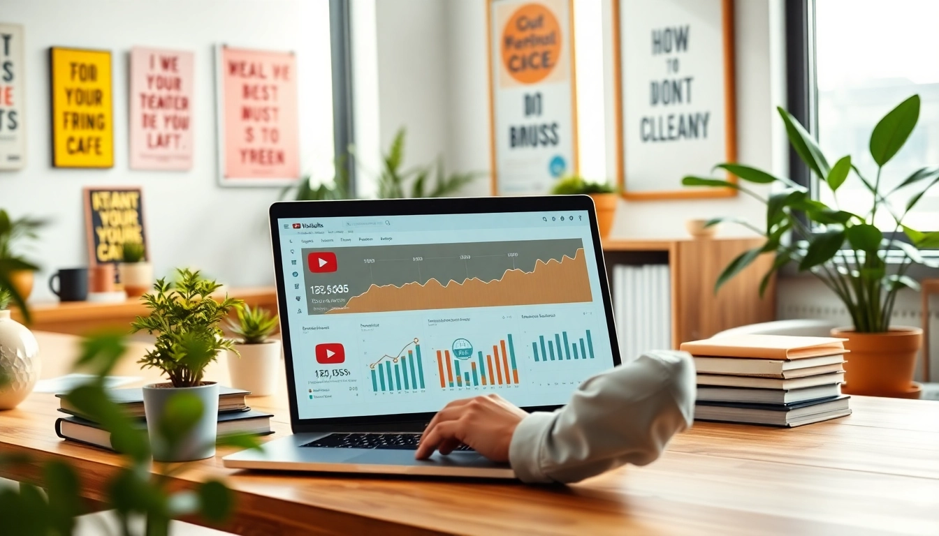 Buy YouTube views strategy assessment with analytics dashboard on a laptop.