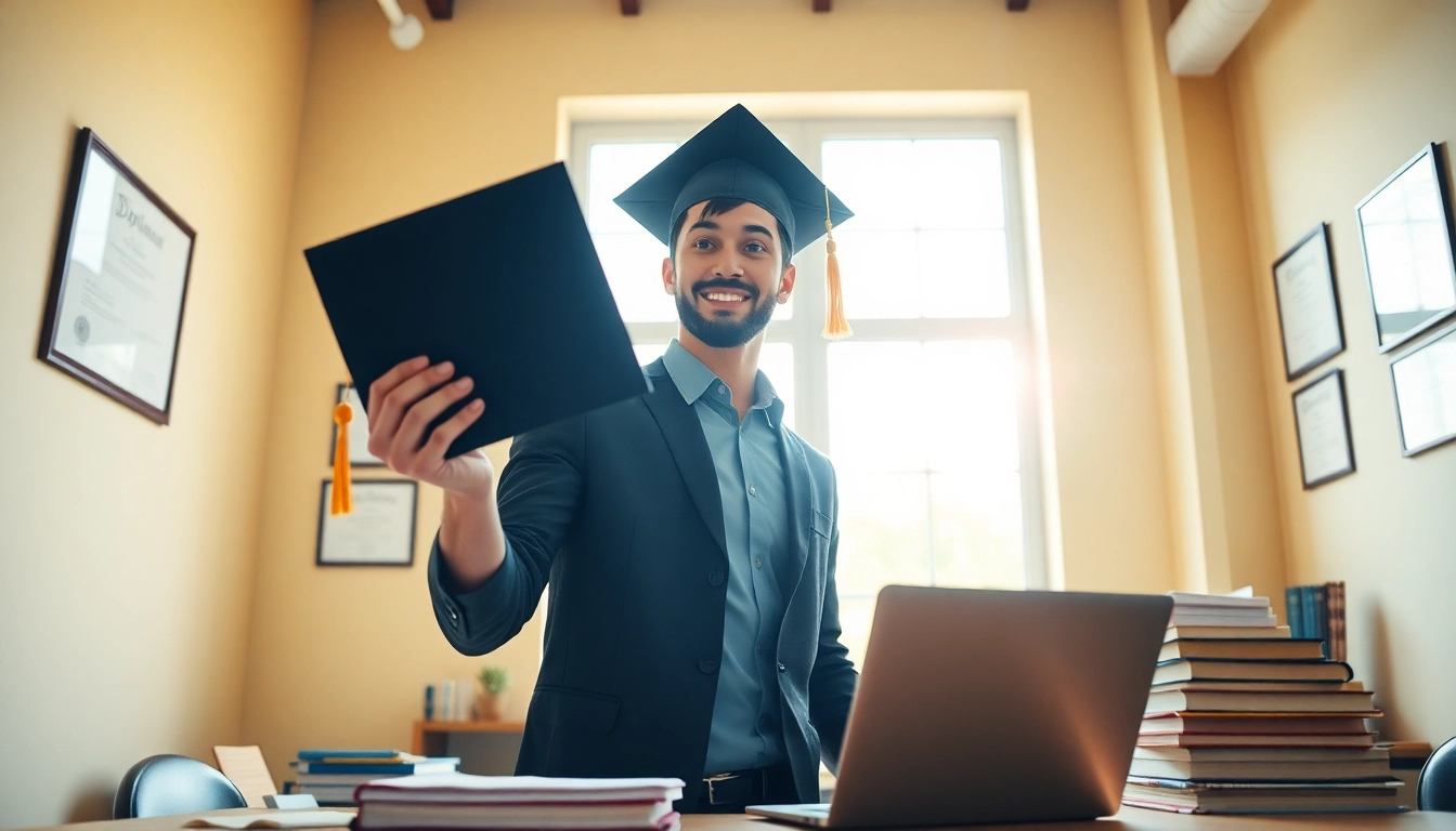 Showcasing a graduate with a diploma, representing degree for sale online opportunities.