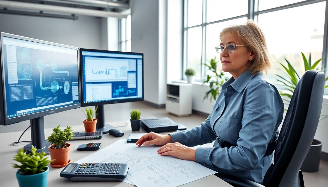 Piping stress analysis company professional evaluating flow diagrams in a high-tech office.
