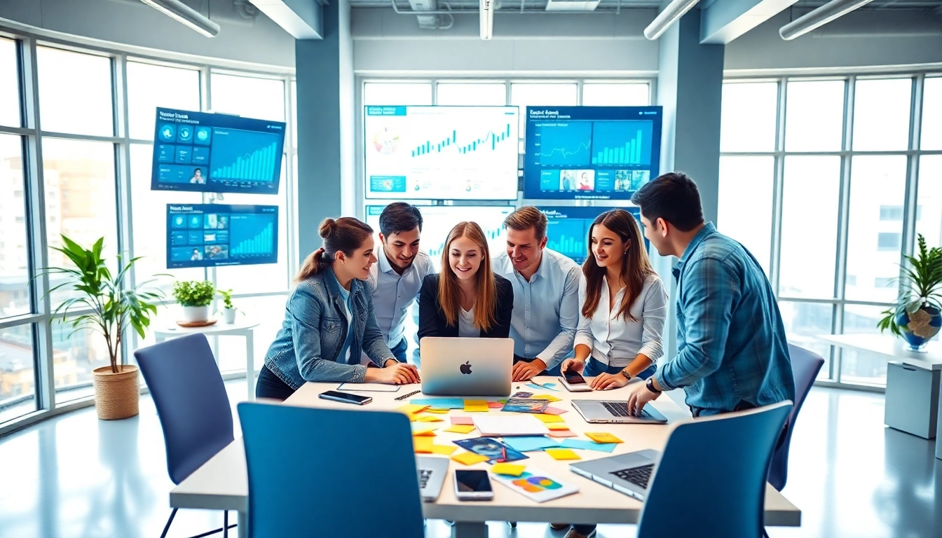 Social media agency team collaborating on marketing strategies in a modern office.