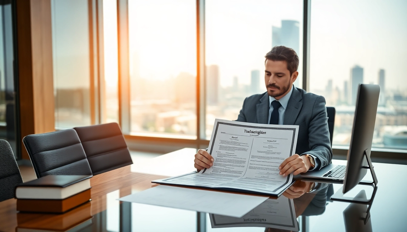Consultant reviewing trademark registration in Dubai documents in a professional office setting.