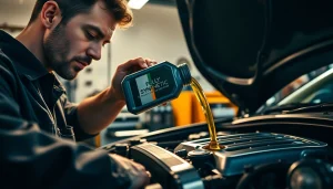 Pouring fully synthetic motor oil into a modern engine to enhance vehicle performance.