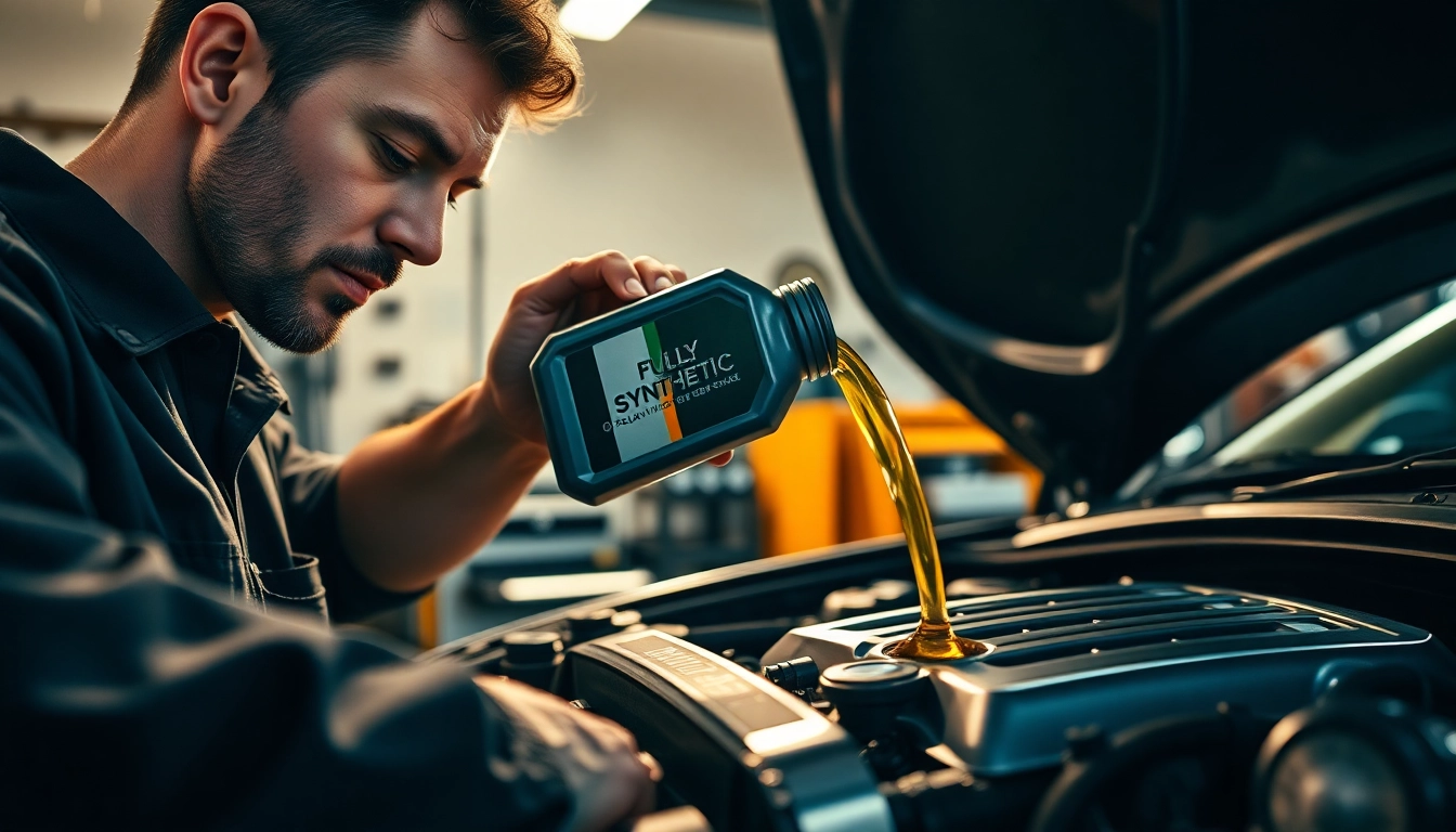 Pouring fully synthetic motor oil into a modern engine to enhance vehicle performance.