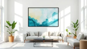Showcasing a 36x48 frame prominently featured in a modern living room setting.