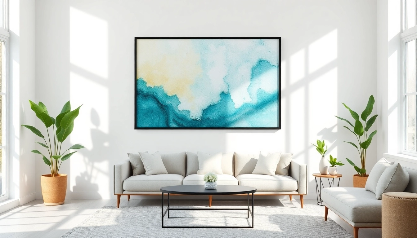 Showcasing a 36x48 frame prominently featured in a modern living room setting.