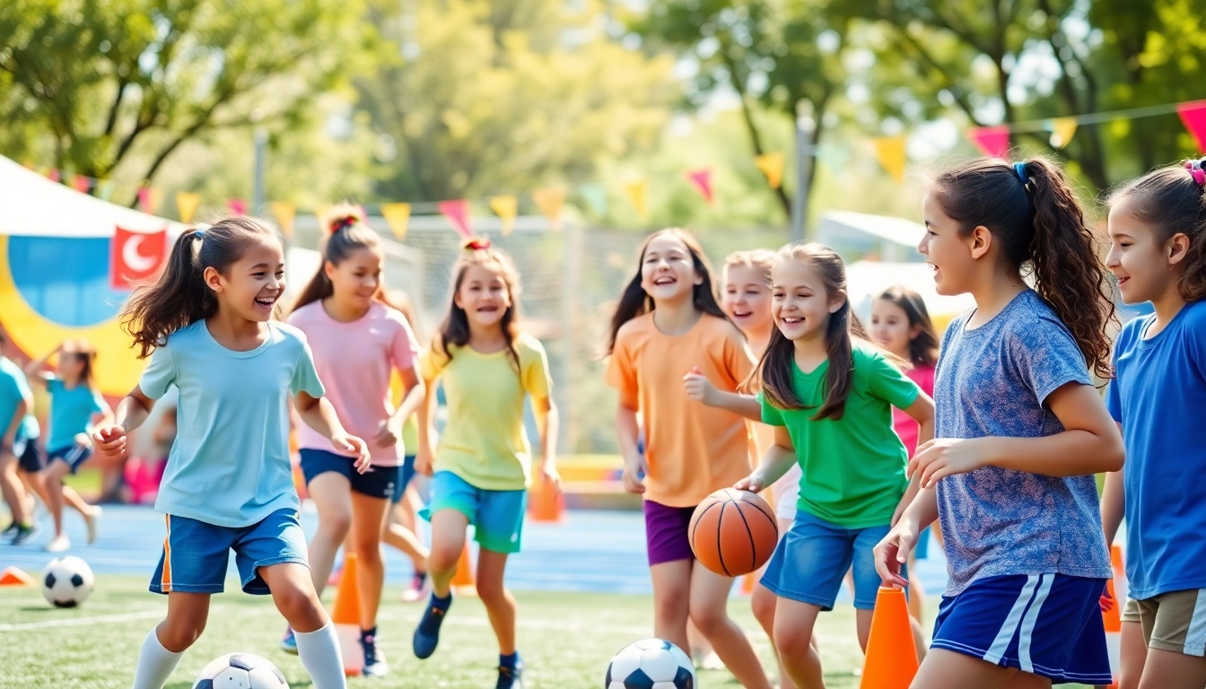 Young girls enjoy Multi Sports Camps for Girls, engaging in soccer and basketball in a lively atmosphere.